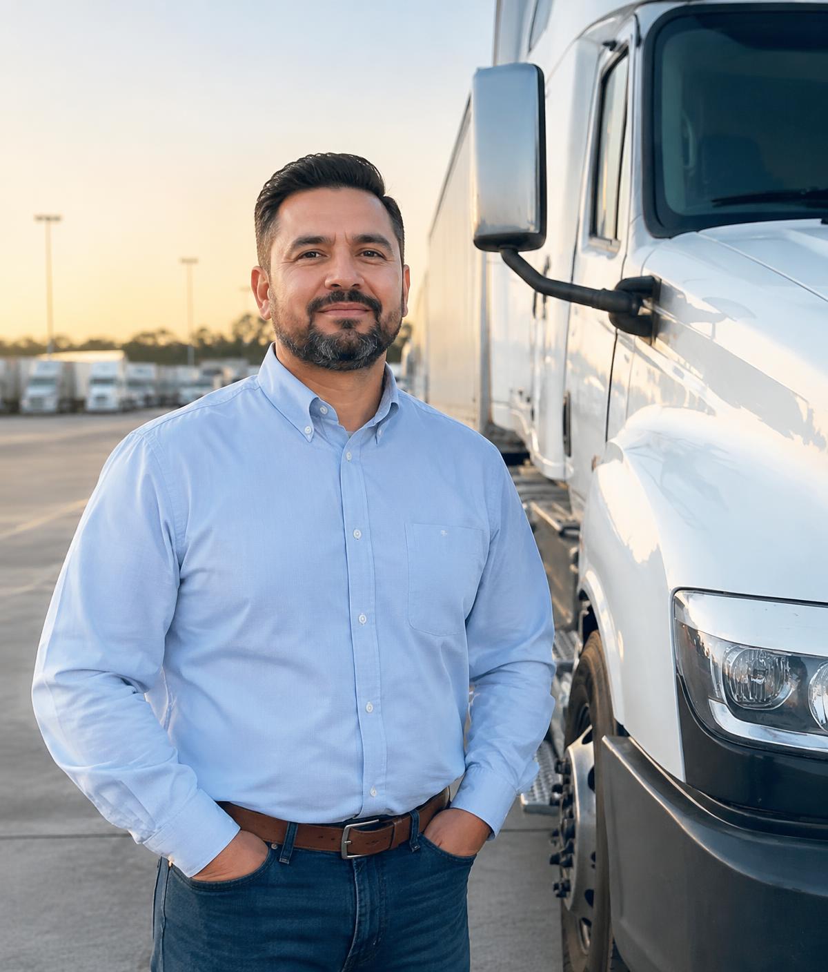 Professional truck driver standing beside his semi truck at a terminal