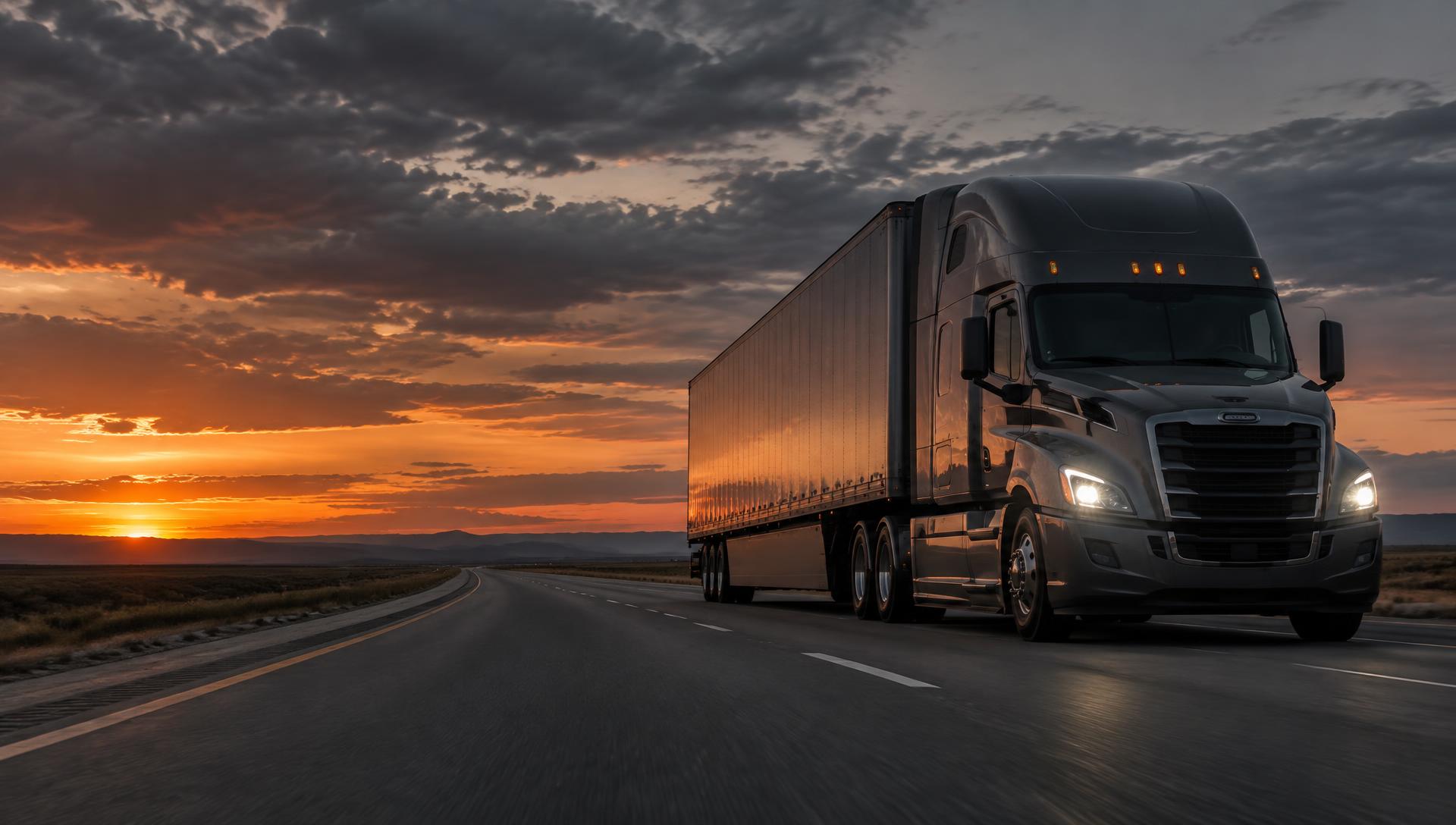Dark graphite semi truck hauling a trailer on an open highway at dusk
